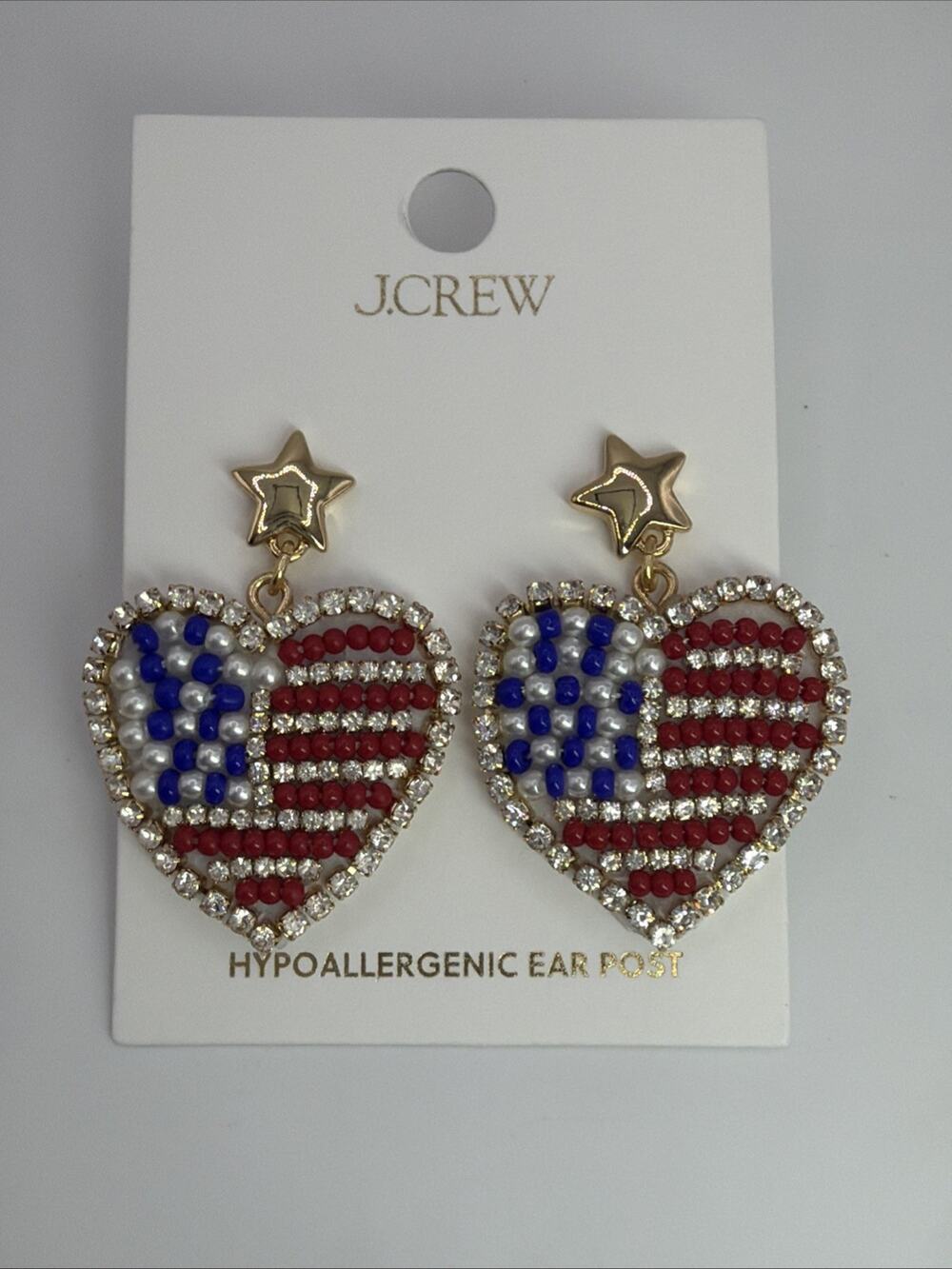 J Crew Heart Flag Statement Earrings Beaded Patriotic American Stars Stripes